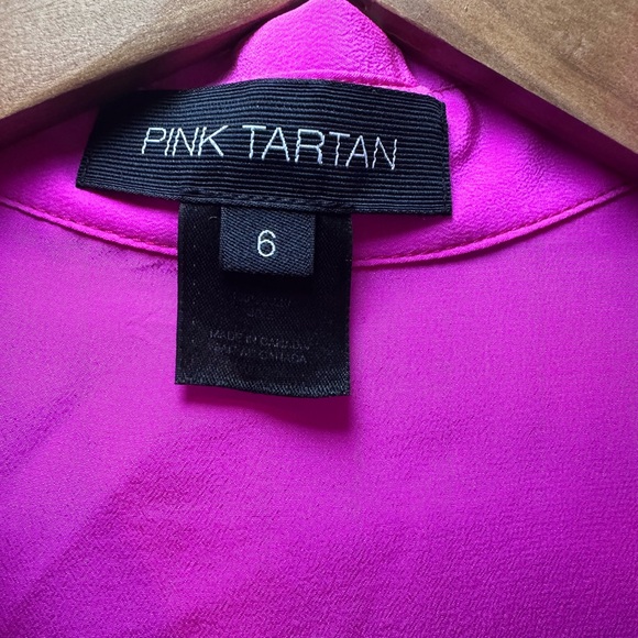 Pink Tartan Bright Pink Collared Button Down Shirt with Black Piping, Flowy - Picture 6 of 8